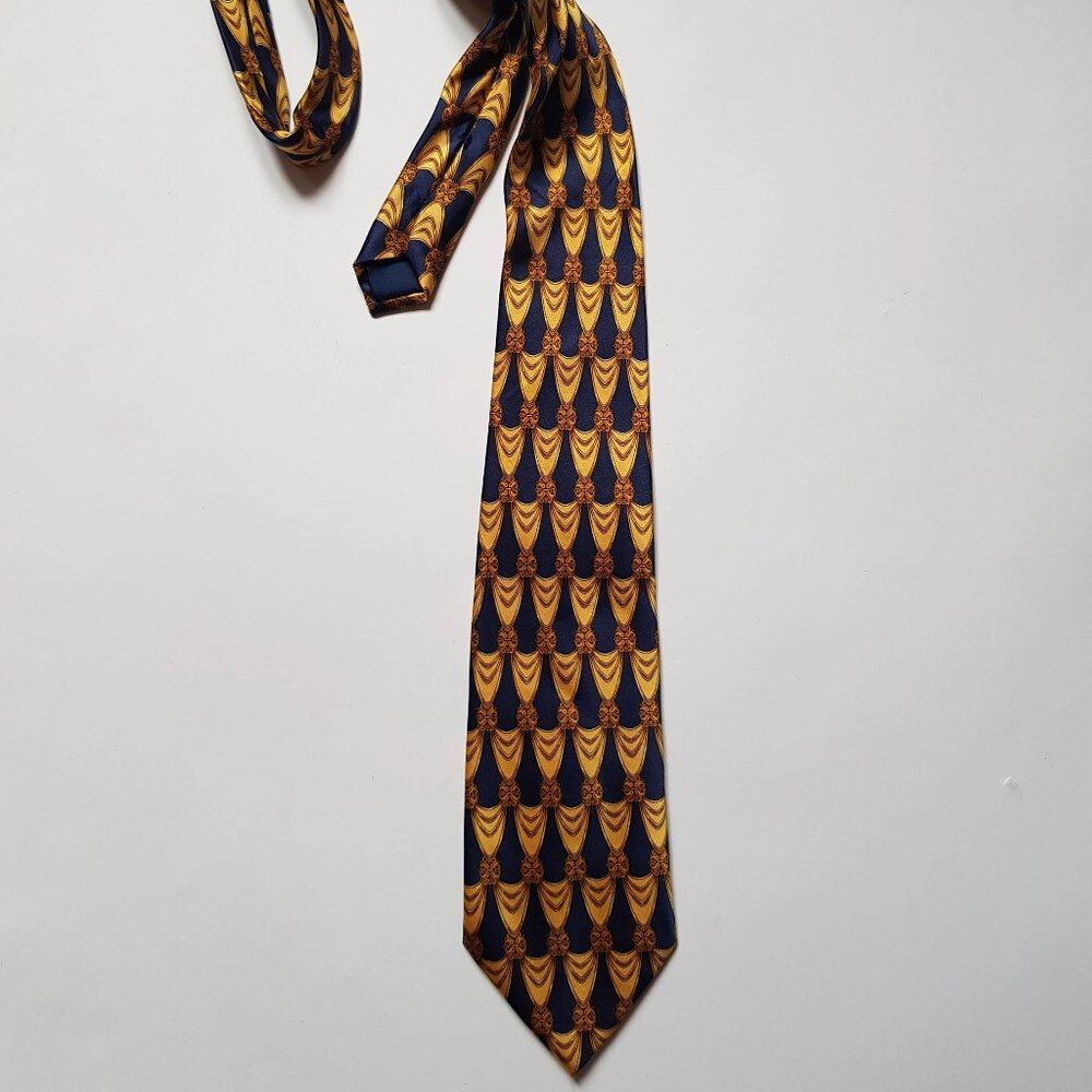 Vintage Lanvin Paris Silk Necktie, Gold Blue Printed Tie